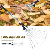 0330 Merge Telescopic Metal 9 Teeth Garden Leaf Rake Lawn Grass Rake Cleaning Tool Yard.