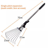 0330 Merge Telescopic Metal 9 Teeth Garden Leaf Rake Lawn Grass Rake Cleaning Tool Yard.