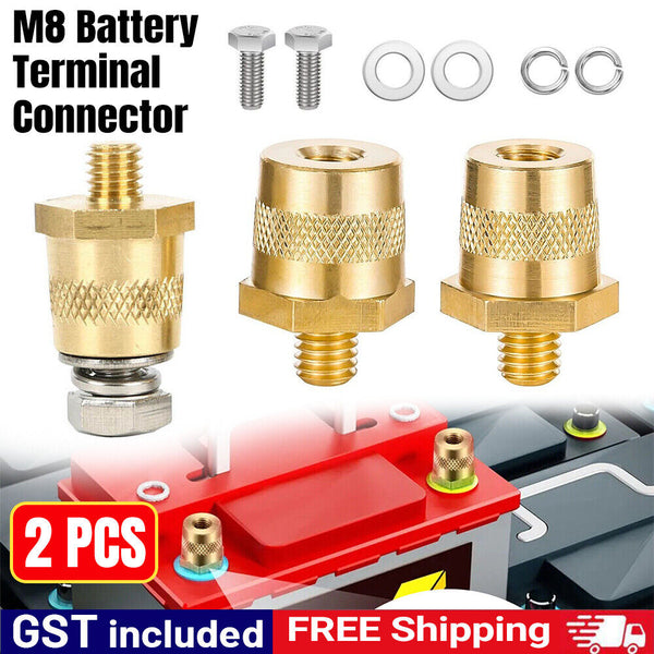 06128 Merge 2x M8 Battery Terminal Connectors Brass tone Post Adapter W/Stainless Screws AU