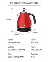 14134 Merge Vintage Electric Kettle Red 1.7L Stainless Steel Auto Off 2200W Kettle.