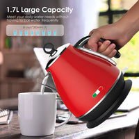 14134 Merge Vintage Electric Kettle Red 1.7L Stainless Steel Auto Off 2200W Kettle.