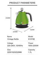 14135 Merge Vintage Electric Kettle Green 1.7L Stainless Steel Auto OFF 2200W Kettle.