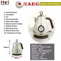 14137 Merge AEG 1.7L / 1850W Cordless Electric Kettle Stainless Steel Retro Classic Teapot Grey Kettle.