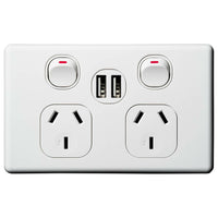 25104 Merge 10A Double Power Point With Dual USB Sockets SAA Approved Classico Slim Celebration White.