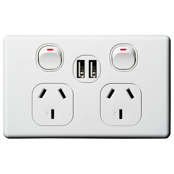 25104 Merge 10A Double Power Point With Dual USB Sockets SAA Approved Classico Slim Celebration White.