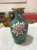 29125 Merge Chinese Cloisonne Vase Blue Back Ground with Florals Collectables