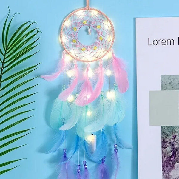 3109 Merge Boho Style Feather Dream Catcher LED Lights Girls Bedroom Wall Hanging Decor.