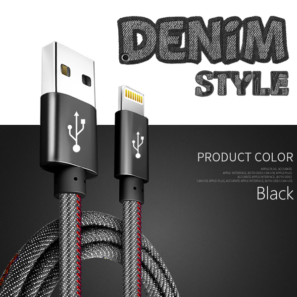 18103 Merge USB Fast Charge Cable Denim Black Style Ipad Iphone 14 13 12 11 Pro max XR XS 8 7.