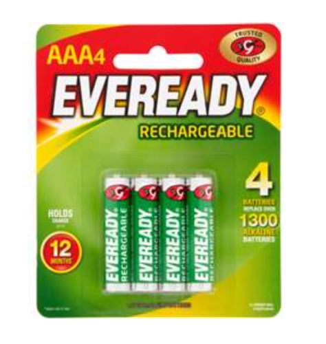 18230 Merge Eveready AAA Rechargeable Batteries Pack Of 4 Celebration Outback Items.
