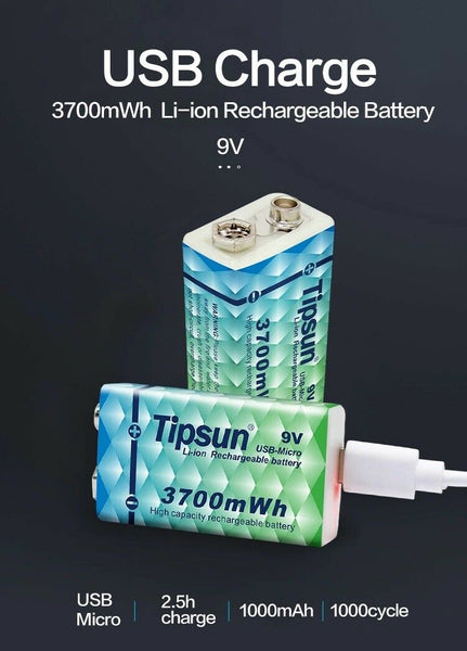 09101 Merge Tipsun Micro USB 6LR61 9v Rechargeable Battery Li-ion 3700mWh With Charge Cable Celebration Outback Items.