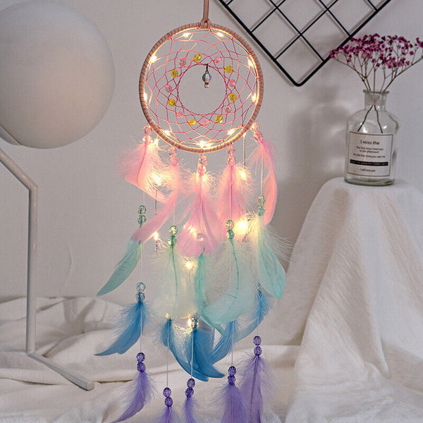 3101 Merge Boho Style Feather Dream Catcher LED Lights Girls Bedroom Wall Hanging Decor Colourfull